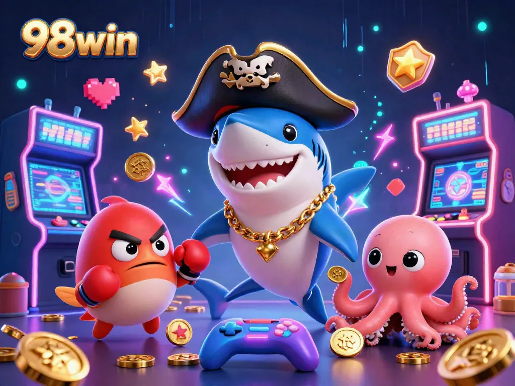 Experience excitement with 98win's vibrant 3D casino illustration showcasing thrilling games and characters.