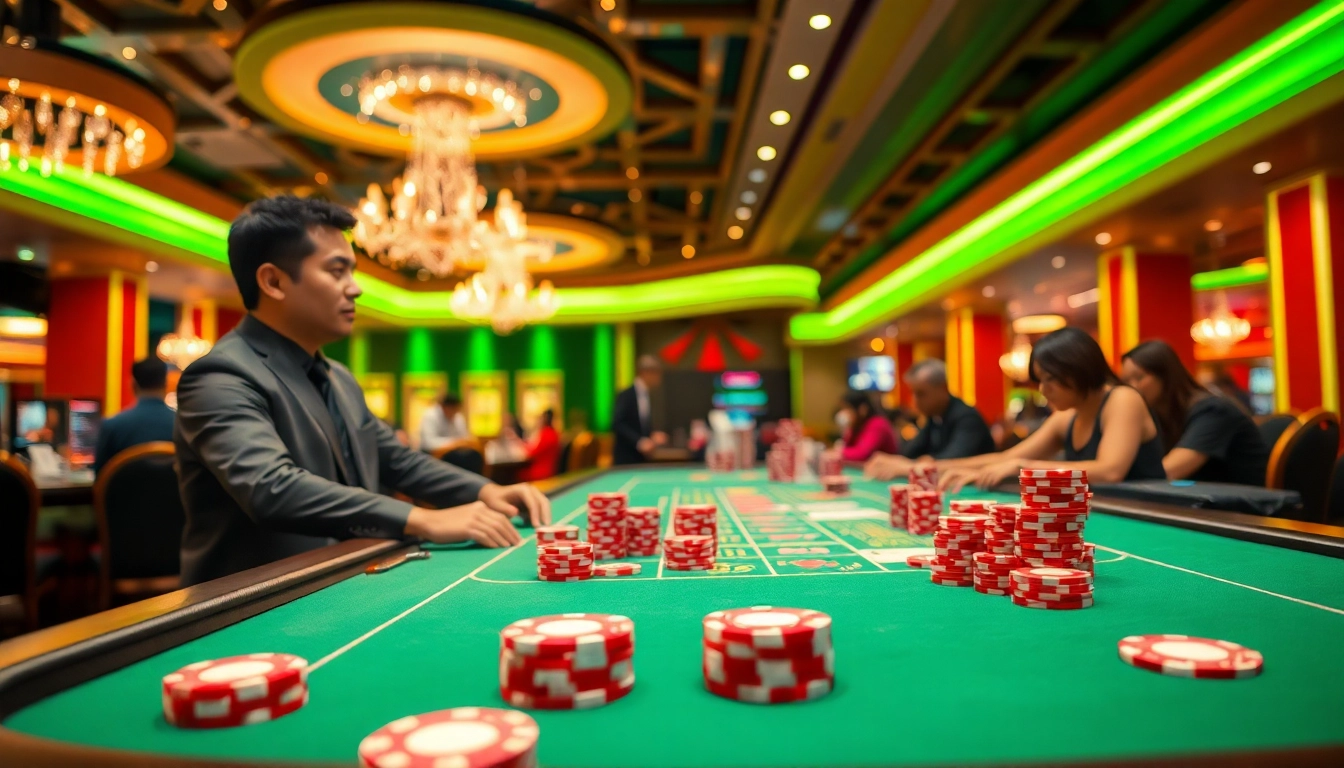 Kutu4d menyajikan suasana kasino yang meriah dengan dealer dan pemain yang terlibat.