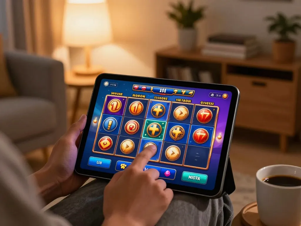 Playing slot games on a tablet at home, showcasing engaging gaming experience with warm ambiance