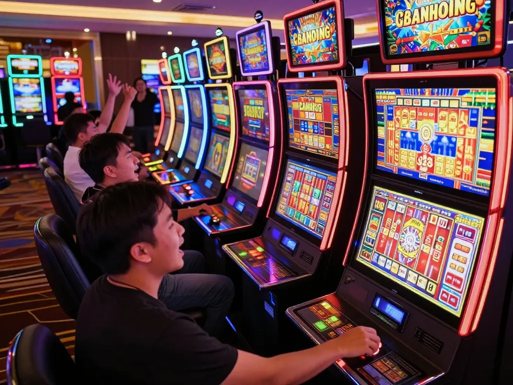 Players enjoying slot gacor machines with vibrant lights and cheering moments illuminated in the casino.