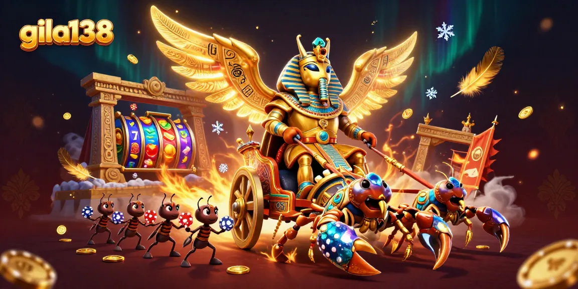 gila138 menampilkan ilustrasi 3D dengan scarab emas dan elemen mesin slot yang dinamis