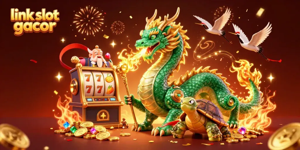 Experience the thrill of link slot gacor with a vibrant scene showcasing lucky characters and rich casino elements.