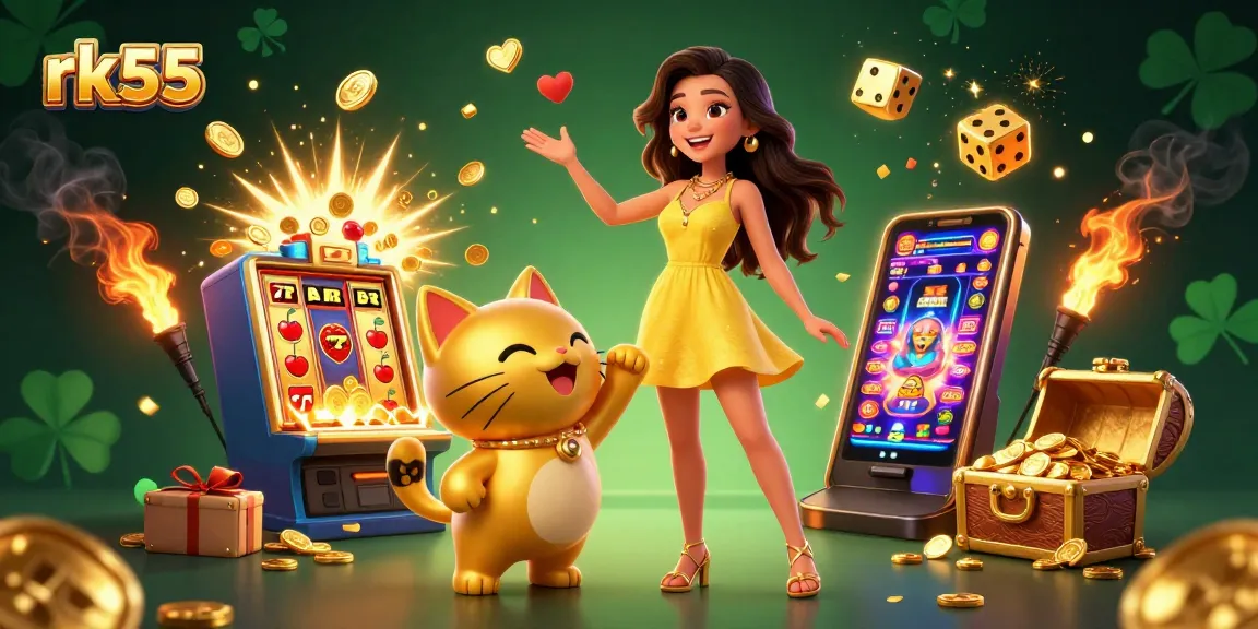 Experience fun with rk55's vibrant online slots, bustling with coins and festive animations.