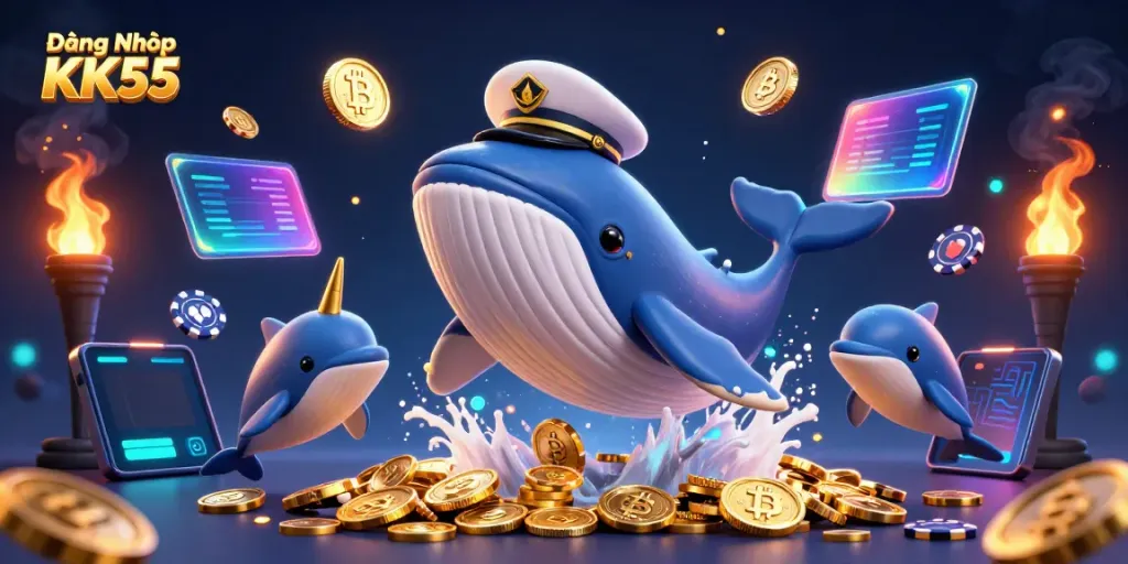 Engage in the excitement of Đăng Nhập KK55 with a vibrant 3D scene featuring playful dolphins and a majestic whale.