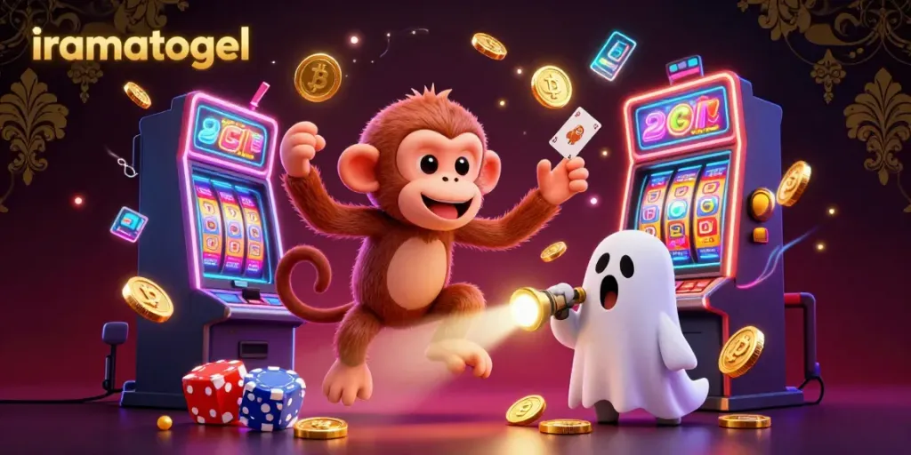 Engage with iramatogel's thrilling slots and jackpots, where a playful monkey juggles prizes in a neon casino.