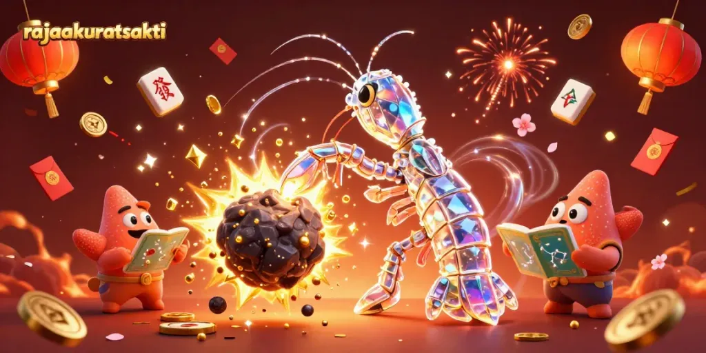 Permainan kasino RAJAAKURAT ditampilkan dengan makhluk galaksi dalam ilustrasi 3D yang dinamis.