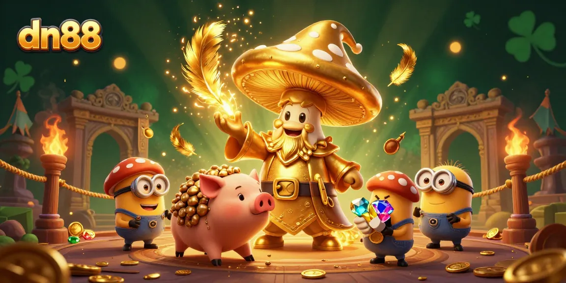 Engage with exciting games at dn88, featuring golden wizard and treasure seekers in an enchanting casino setting.