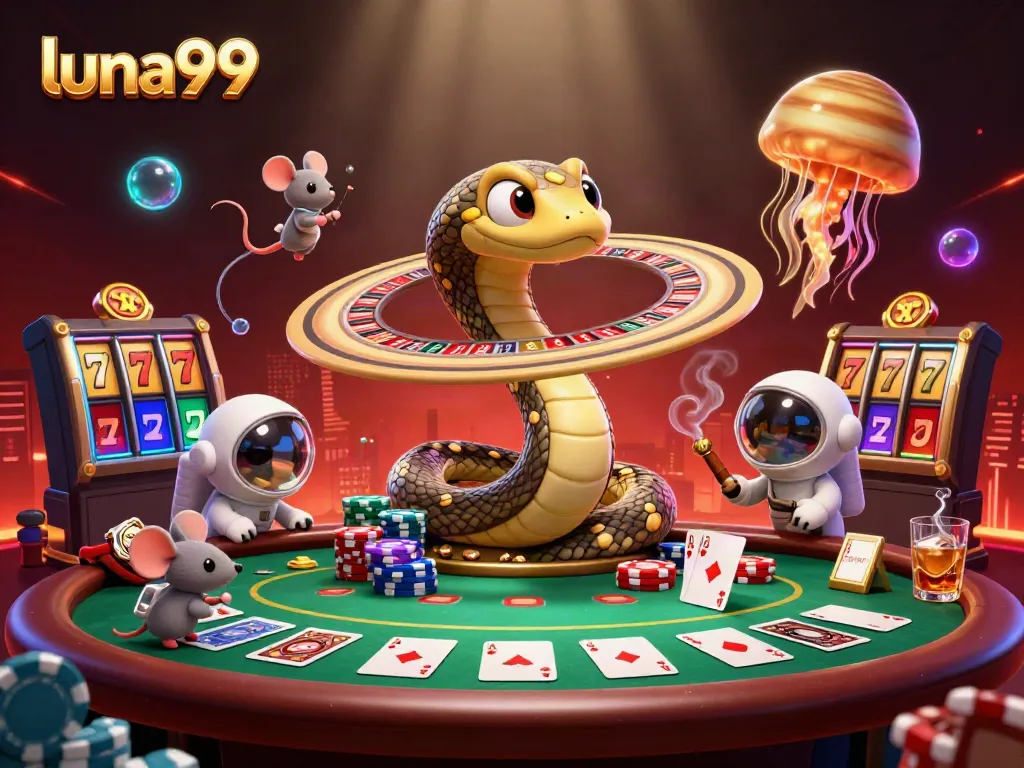 Menyaksikan permainan seru di luna99 dengan ular Saturnus dan tikus astronaut bertaruh di rolet, slot dan chip poker berserakan.