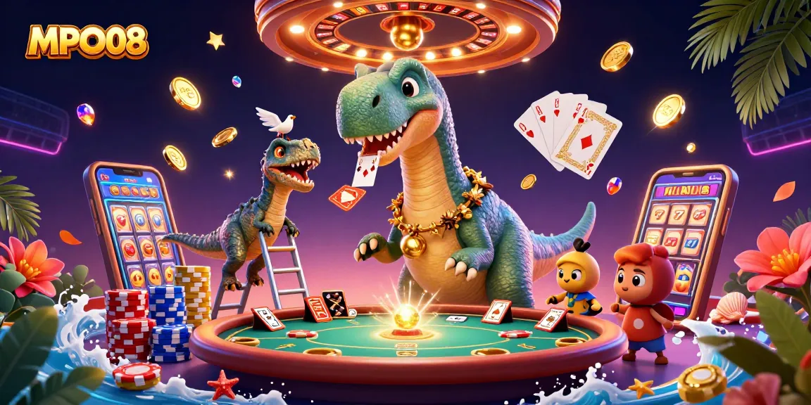 MPO08 delivers thrilling gaming with a giant dinosaur overseeing a vibrant casino scene filled with action.