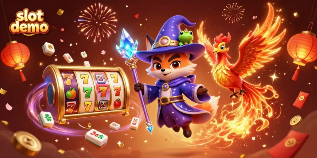 Slot demo ilustrasi 3D menampilkan penyihir rubah, phoenix, dan elemen permainan kasino.