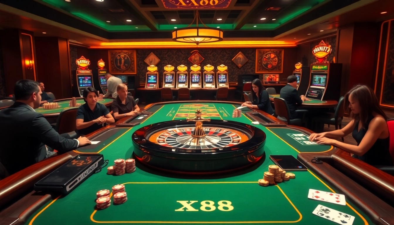 Exciting gambling at XX88's luxurious casino tables featuring poker chips and cards.