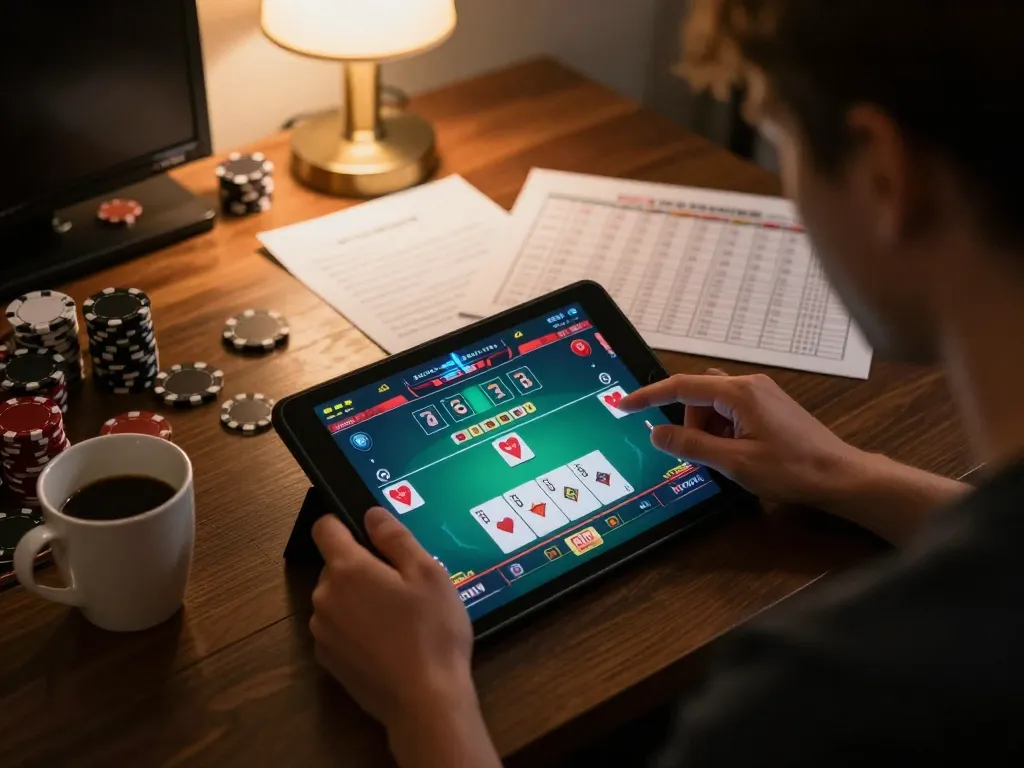 MPOID player's intense focus on an online poker game, showcasing vibrant gameplay and strategic environment.