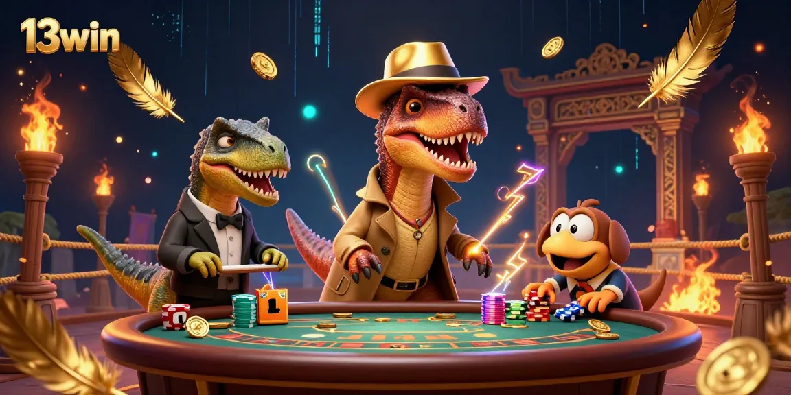 Experience exciting gameplay at 13win with a velociraptor card counter in a vibrant casino scene.