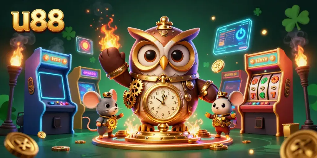 Engage in thrilling gameplay at u88 with a dynamic scene of a time-traveling owl and arcade elements.