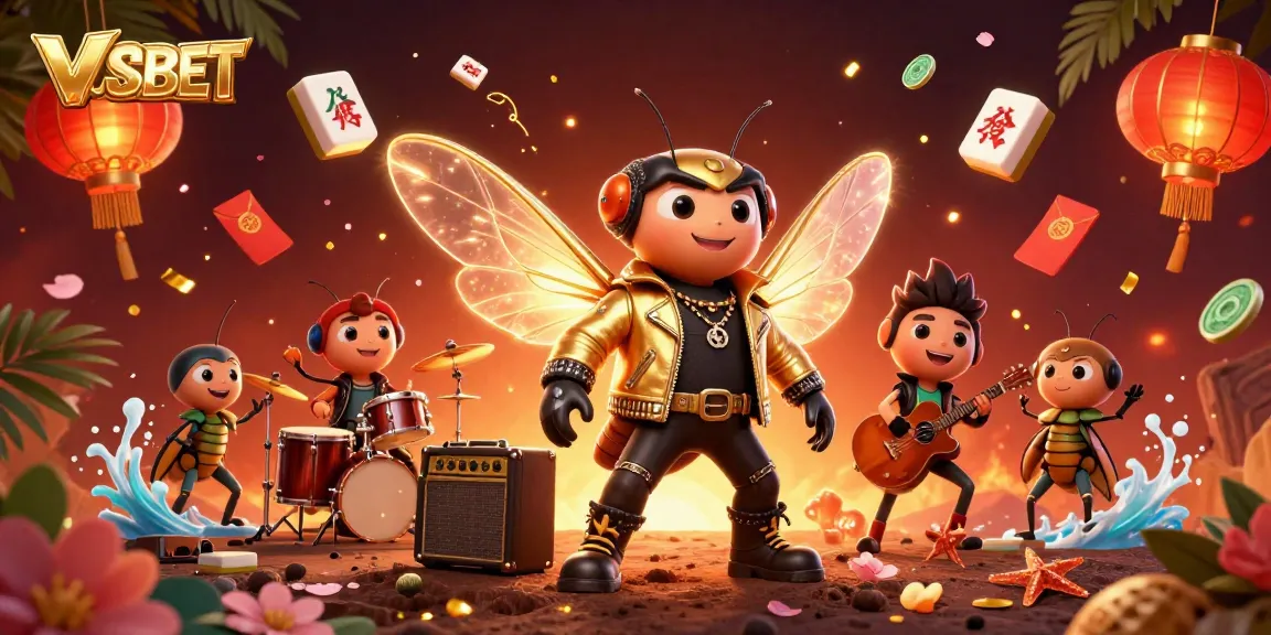 VSBET engages players with a vibrant 3D casino scene featuring a rock star cicada and lively game elements.