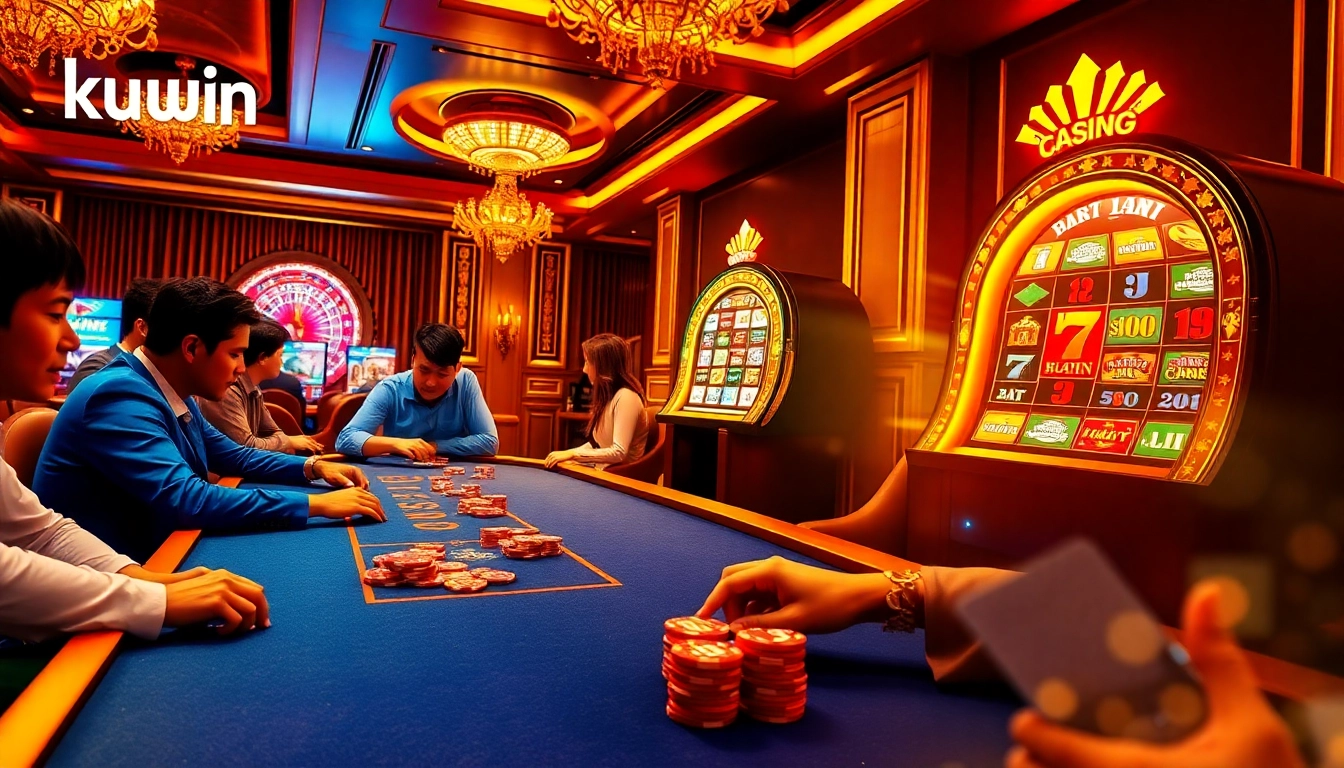 kuwin players enjoying a thrilling moment at a luxurious casino table.