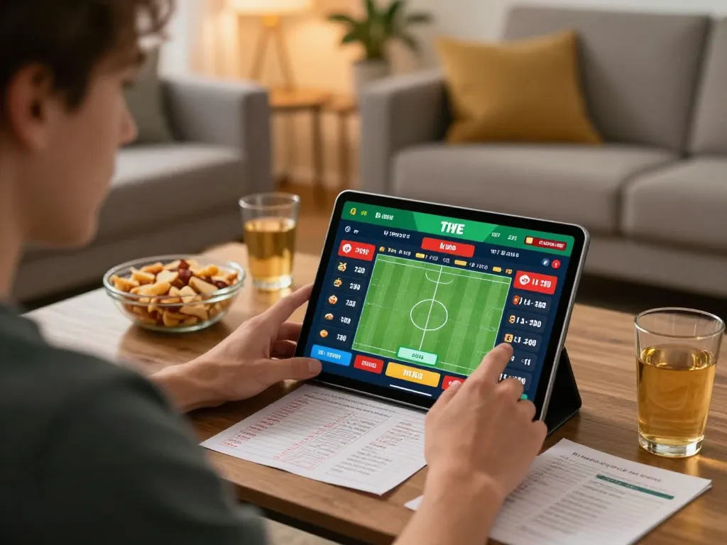 Person engaging in online betting on Trang chủ TT88, analyzing live sports odds on a tablet in a cozy home setting.