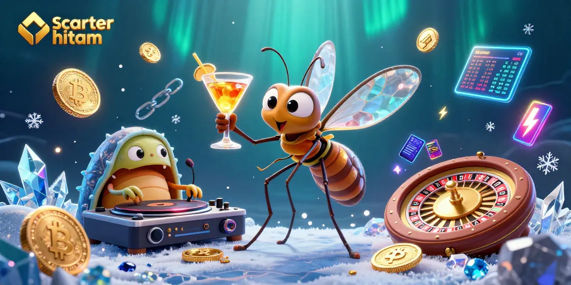 Experience the thrill of scatter hitam with a dynamic casino scene featuring playful characters and glowing crypto elements.