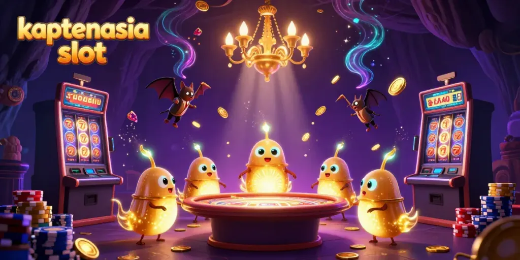 Geng glowworm kaptenasia slot menyala di kasino, dengan dealer kelelawar dan koin berkilauan.