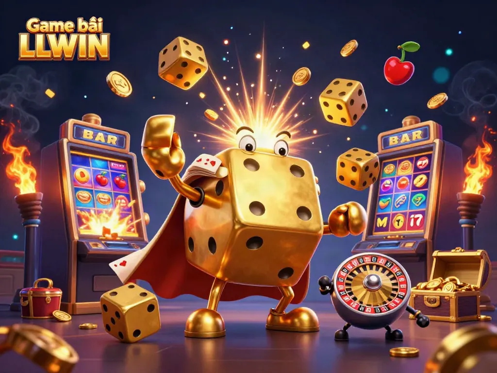 Experience the thrill of Game bài LLWIN with a playful illustration of golden dice, dynamic casino elements, and a vibrant atmosphere.