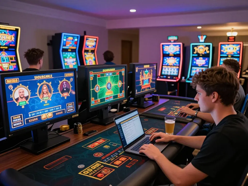 The player enjoys immersive BK33 gaming at home with multiple screens showing slot and live dealer games.