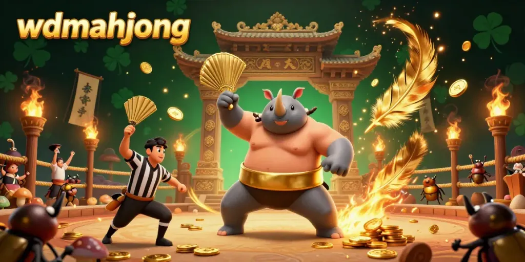 Engage in exciting gameplay with wdmahjong, featuring a cartoon beetle champion and dynamic casino elements.