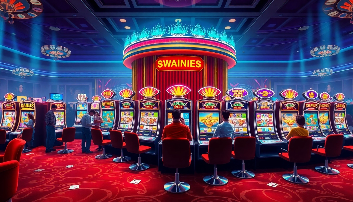 Excited players engaging with demo slot machines in a luxurious casino.