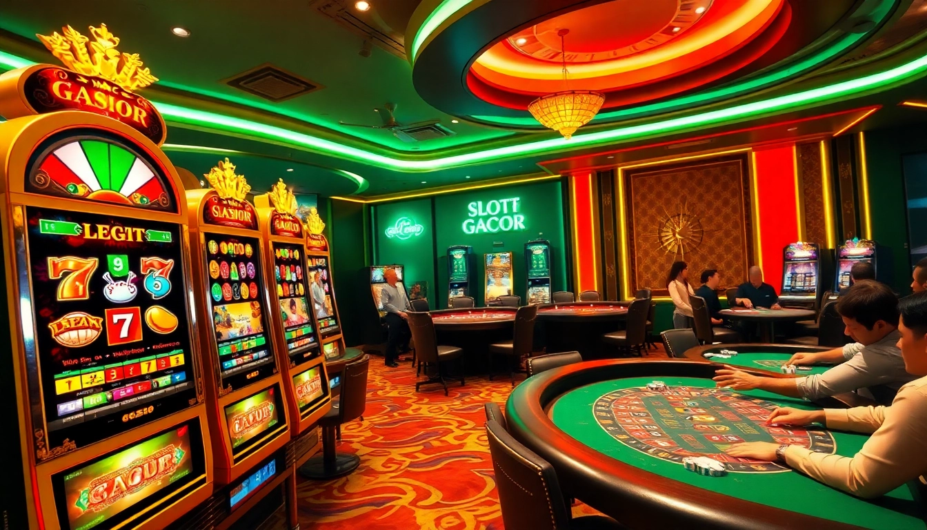Permainan Slot Gacor sedang berlangsung dengan atmosfer kasino yang hidup dan pemain-pemain antusias di meja-meja mewah.