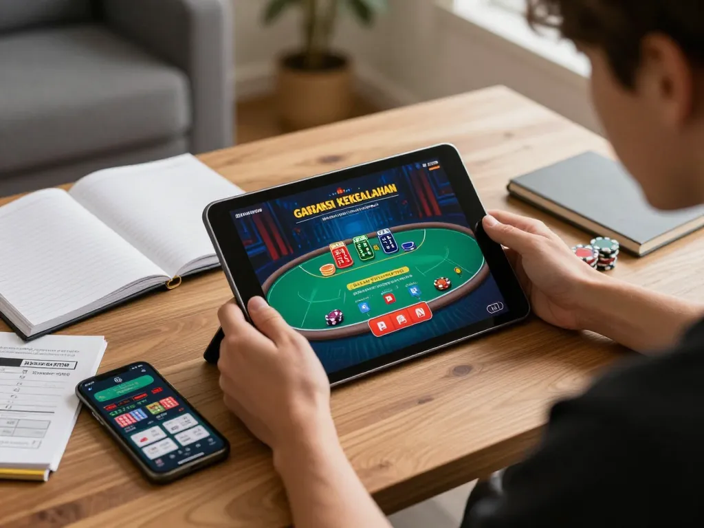 Engaged player using tablet for online casino gaming while enjoying Garansi Kekealahan benefits.