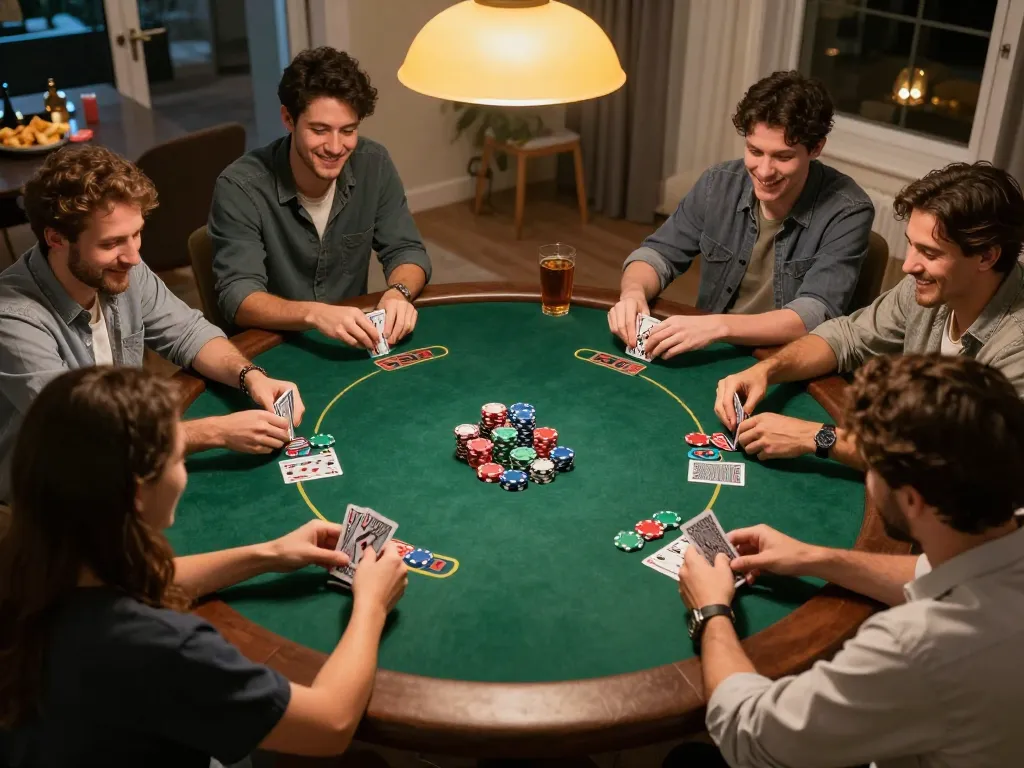 Nego77 players strategizing during an exciting home poker night, showcasing vibrant poker chips and competitive atmosphere.