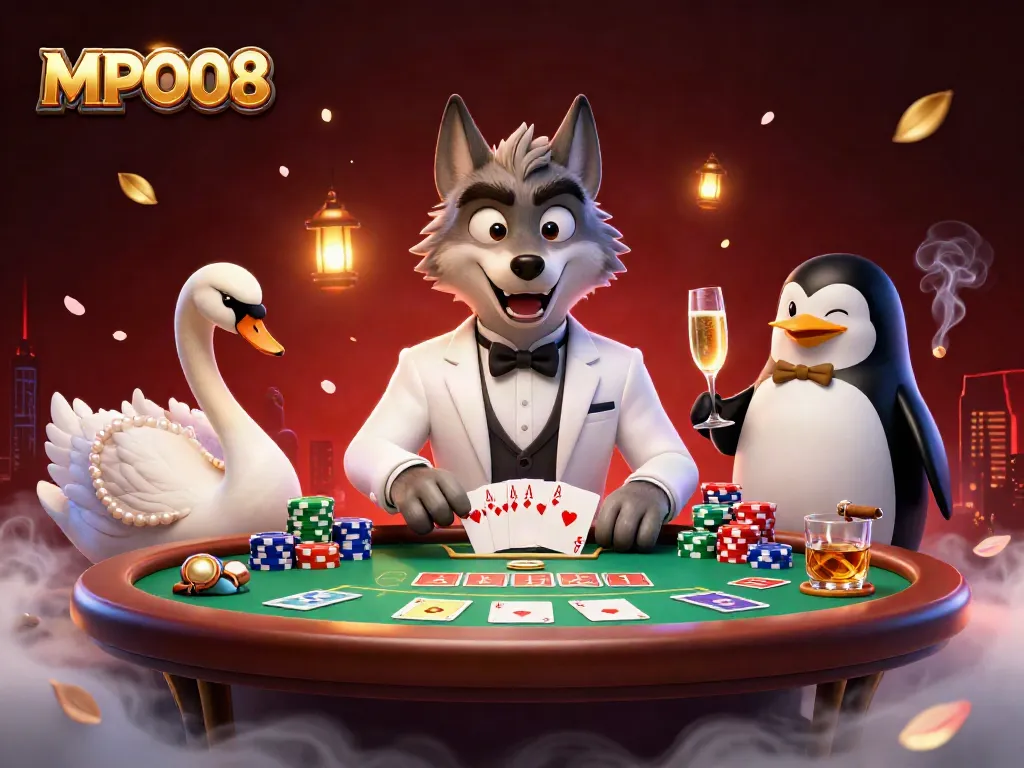 MPO08 showcases a vibrant casino scene with a debonair wolf and elegant swan at play.