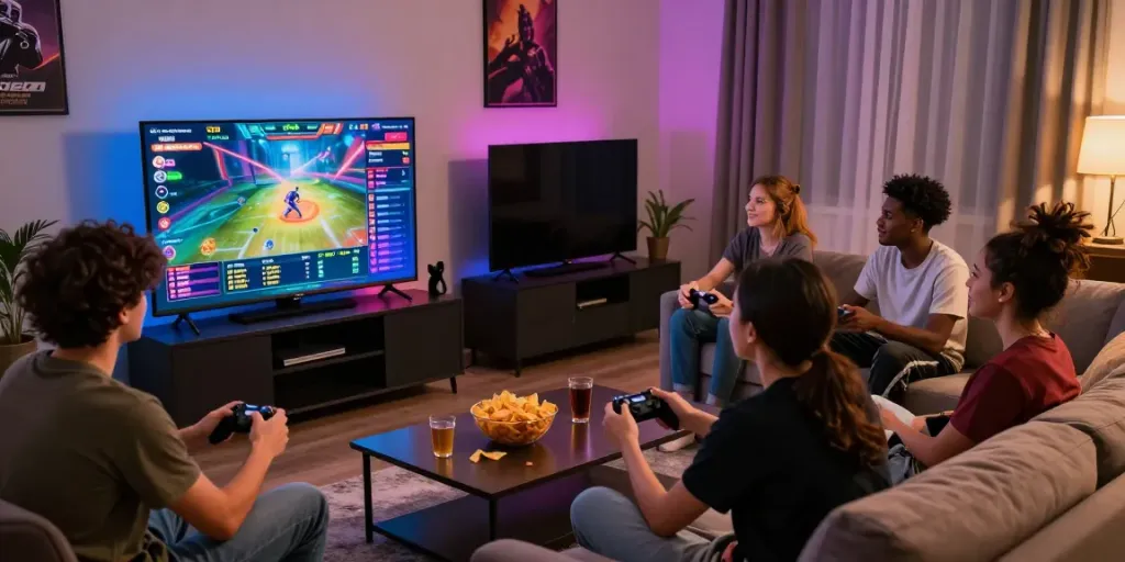 Pengalaman bermain Toto online bersama teman-teman di ruang tamu yang ceria, menampilkan alexistoto dengan suasana yang bersemangat.