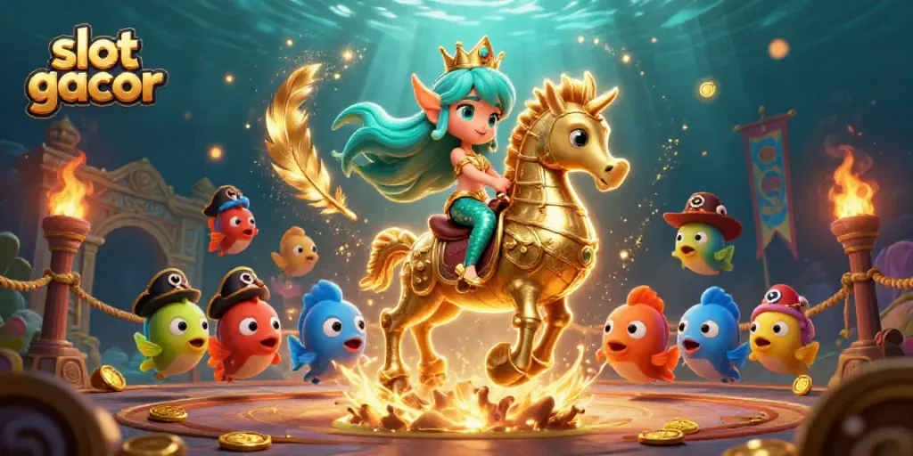 Slot gacor menghadirkan kemewahan permainan slot dengan latar putri duyung dan kuda laut emas.