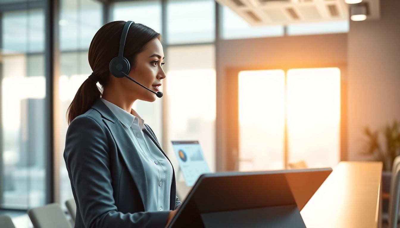 AI Receptionist interacting efficiently with a caller in a bright office environment.