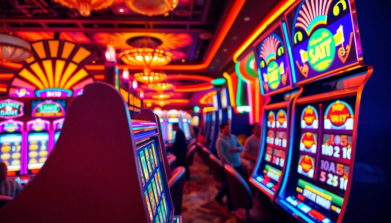 Slot mesin kasino berwarna-warni dengan pemain bahagia di sekitarnya.