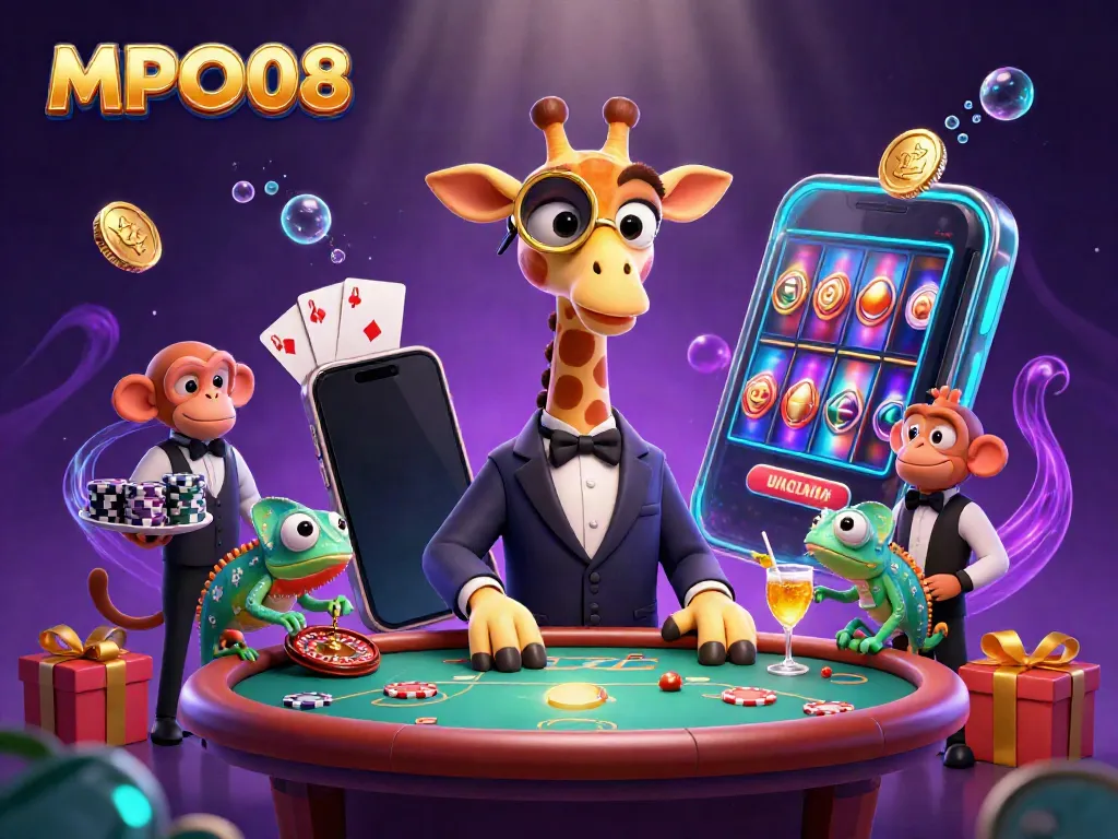 Experience the thrill of MPO08 casino with a vibrant 3D illustration featuring a giraffe, monkey, and chameleon enjoying table gaming.