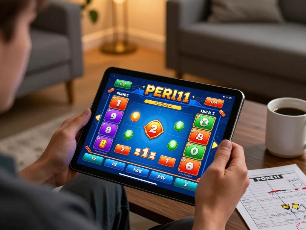 Engaging with PERI11 game interface on tablet in a cozy living room setup while enjoying online gambling
