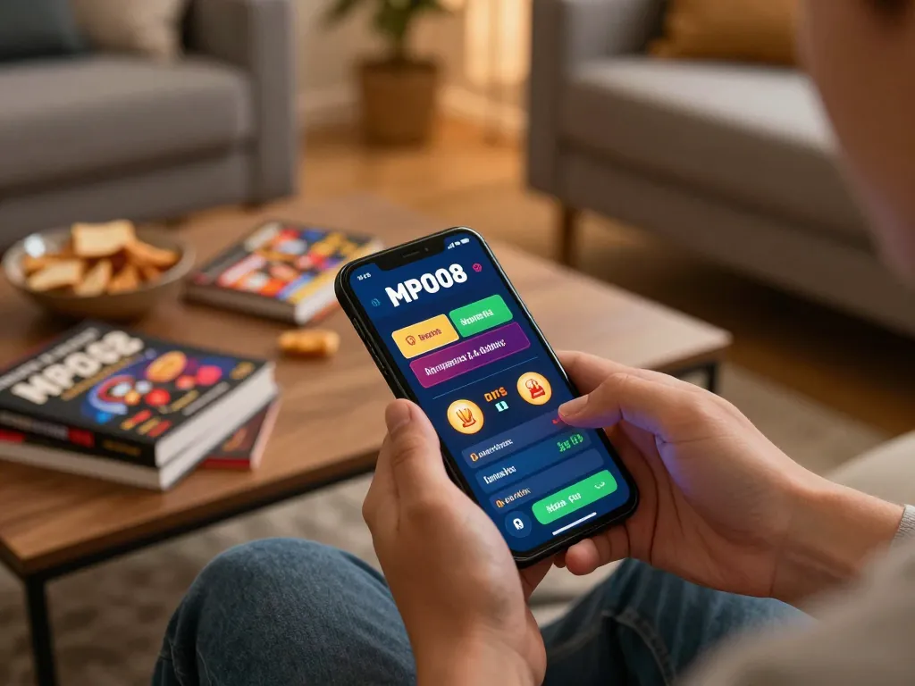 MPO08 user excitedly placing bets on the casino app in a cozy home setting, showcasing gaming strategy.