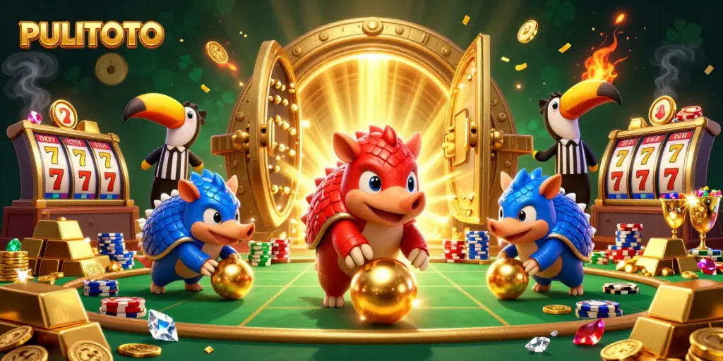 PULITOTO brings excitement with rival pangolins bowling golden balls in a vibrant casino scene
