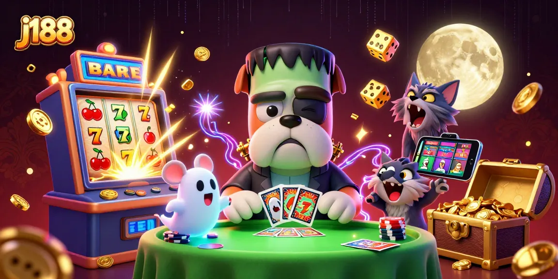 Experience the thrilling j188 casino action with cartoon characters playing cards at a vibrant table.