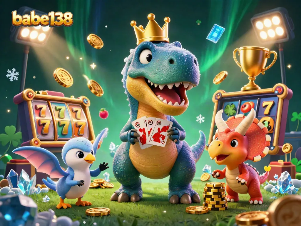 Babe138 menawarkan pengalaman bermain slot gacor dengan karakter 3D berwarna cerah dalam suasana kasino yang ramai.