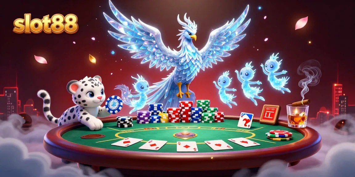 Experience exciting gameplay with slot88's vibrant ice phoenix and poker elements set in a magical casino atmosphere.