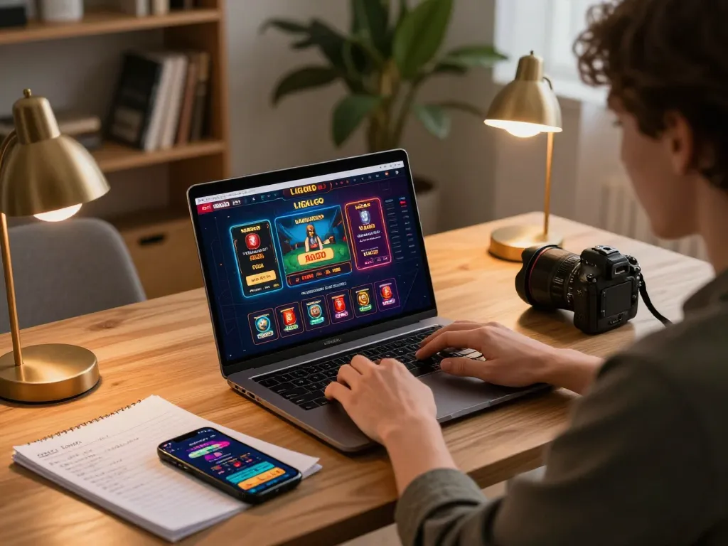 LIGALGO user engaged in online casino gaming at a stylish desk, showcasing vibrant games and strategic notes for better odds.