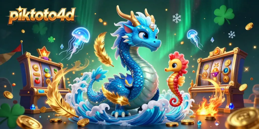 Experience the thrill of piktoto4d slots with vibrant dragons and glowing jellyfish in an energetic casino scene.
