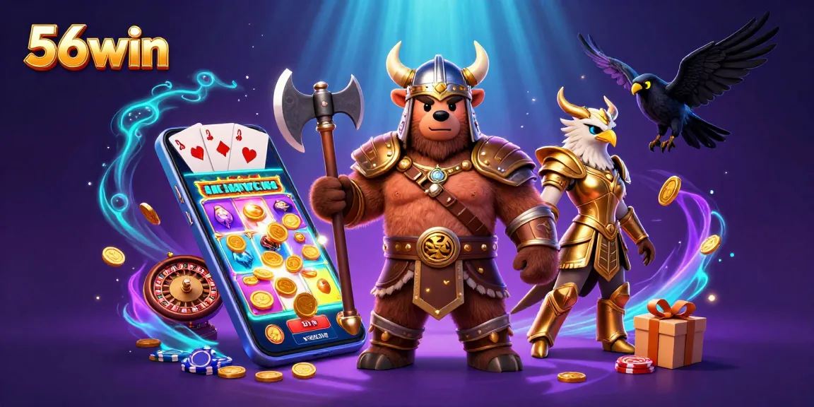 Engage in dynamic gaming action with 56win showcasing a fierce Viking bear in an exciting casino setting.