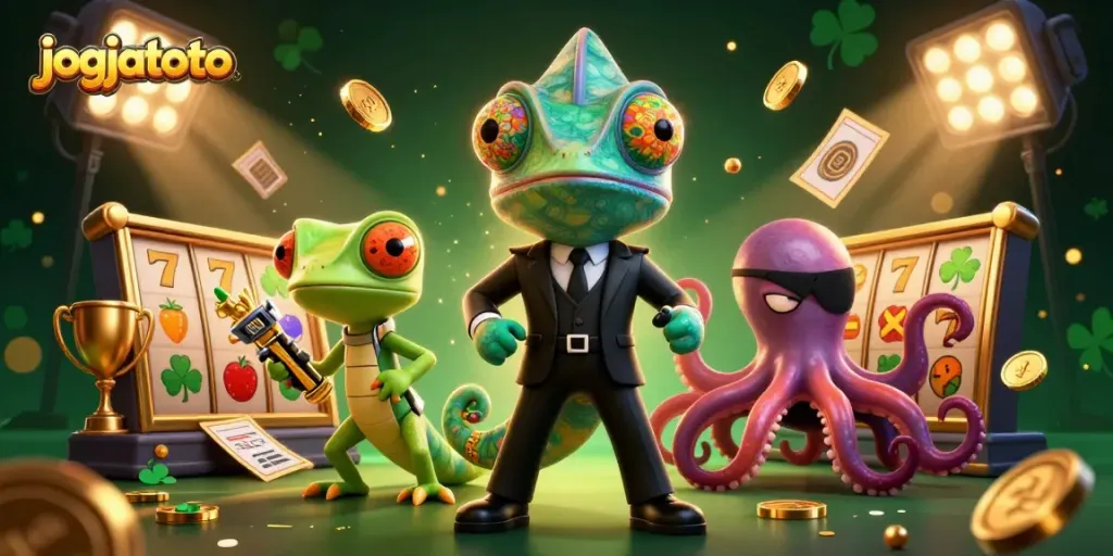 Engage with jogjatoto in this vibrant online casino scene featuring animated slot reels.