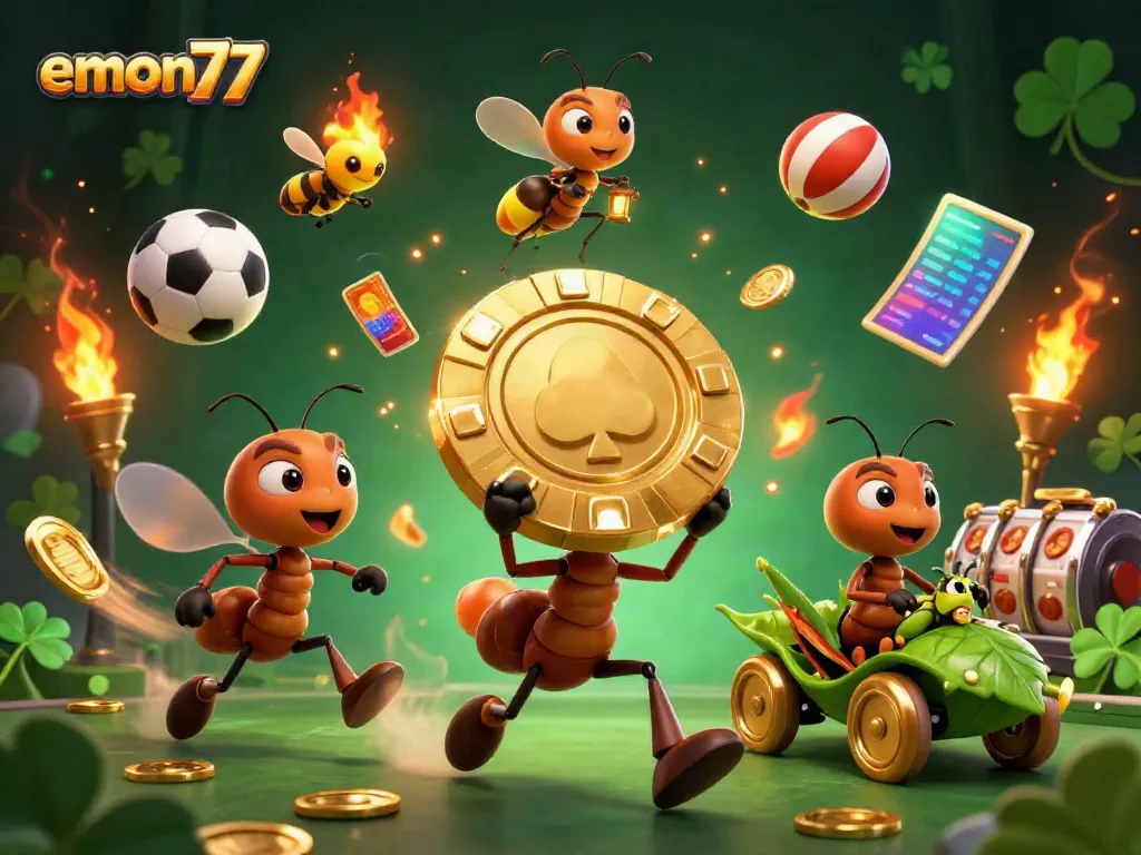 Experience the thrill of emon77 with ants carrying a giant poker chip in a dynamic casino scene.