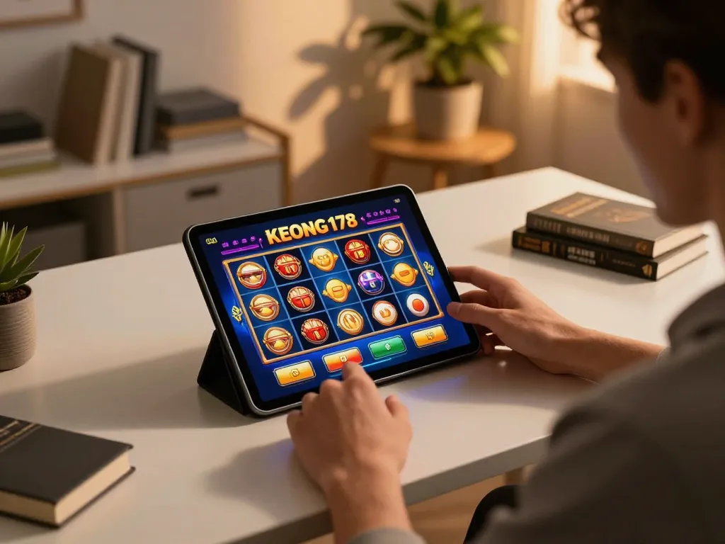 Engaging player enjoying KEONG178 demo slot gameplay on a tablet in a modern home office.