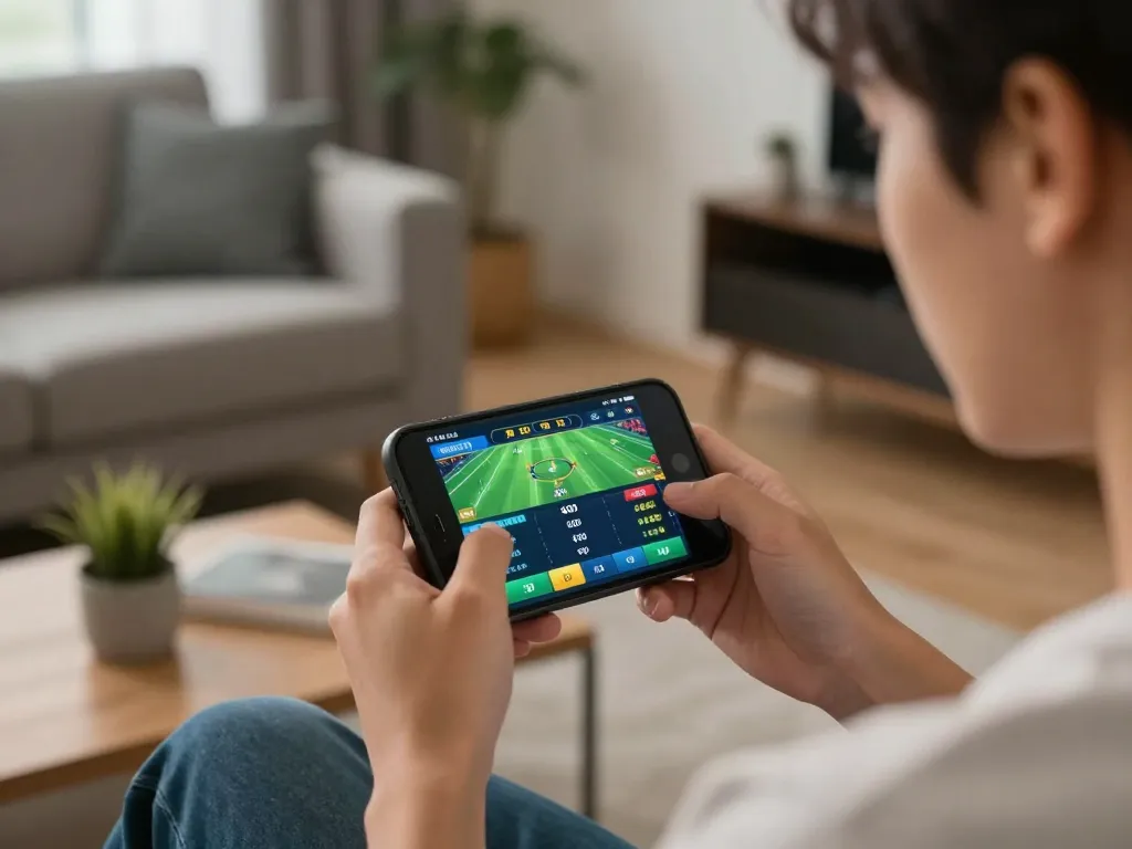 Engaged player using manclub app for mobile sports betting in a modern home setting