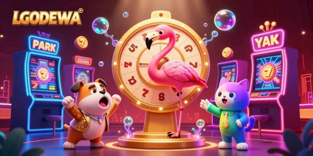 Spin the LGODEWA prize wheel with vibrant casino excitement and playful characters.